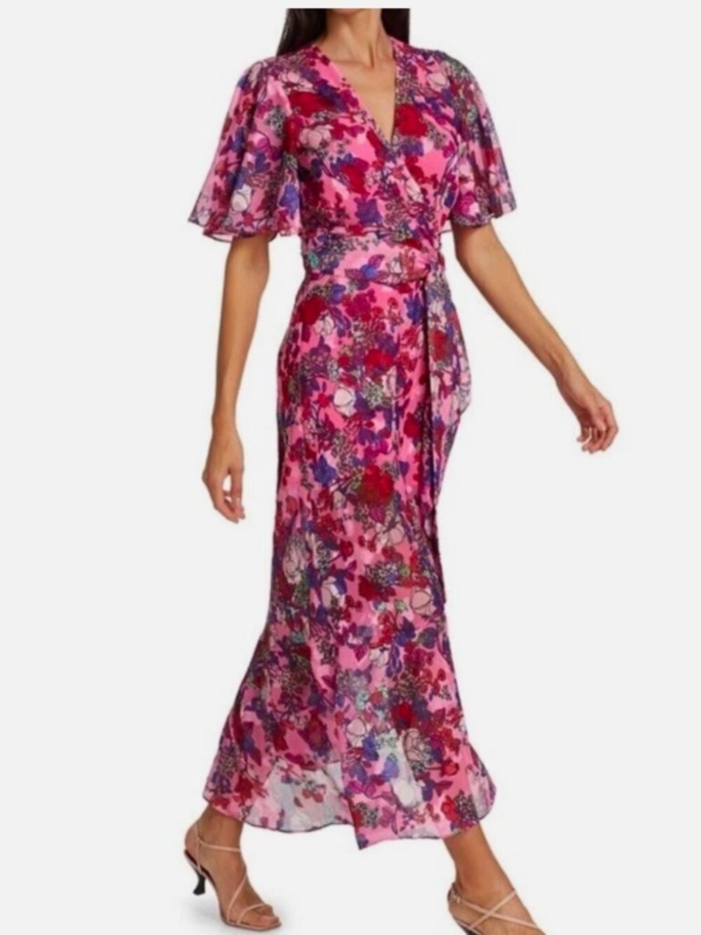 Tanya Taylor Blair Floral Flutter Sleeve Midi Wrap Dress Size 2 NWOT